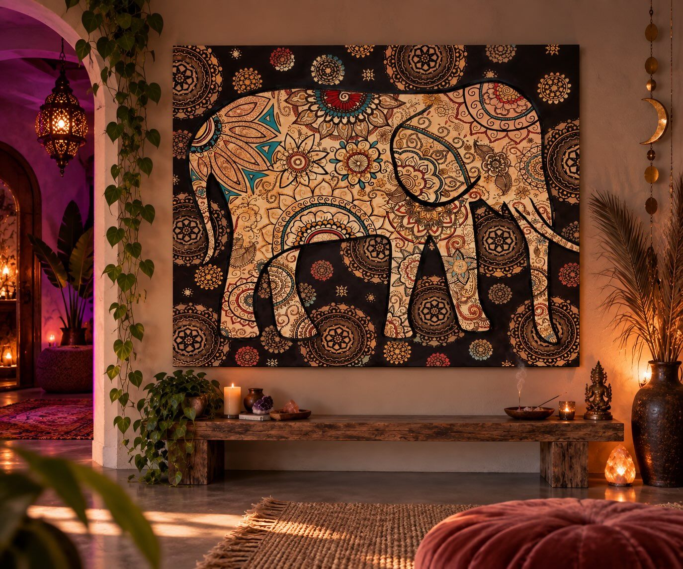 Elephant filled with mandala patterns in gold, teal and red