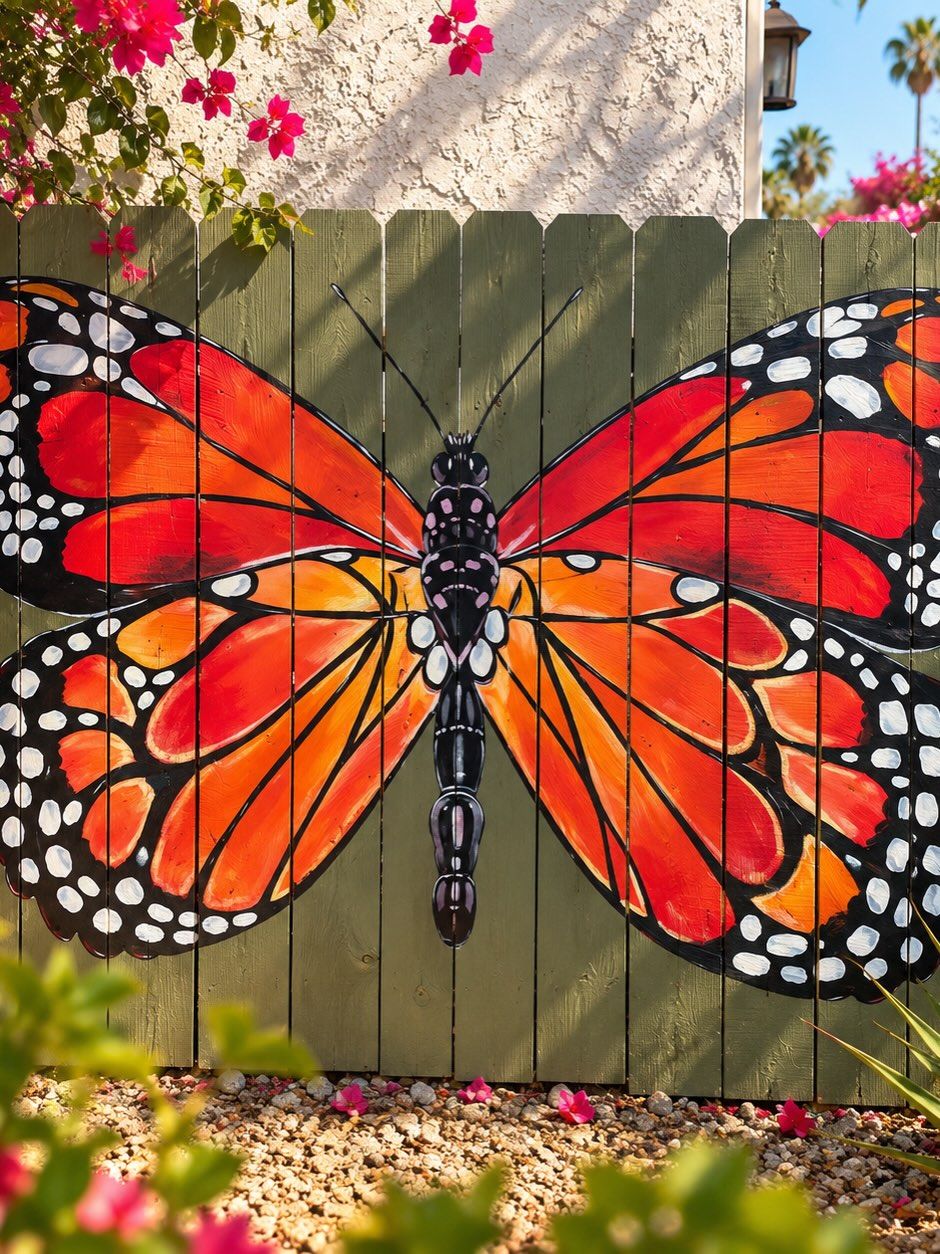 Monarch butterfly mural painted on a wooden fence